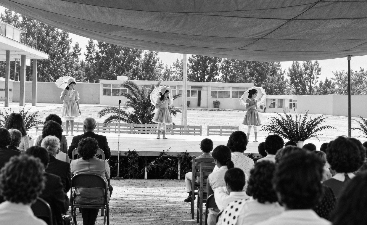 Ceremonia escolar histórica en blanco y negro bajo una carpa, con público sentado