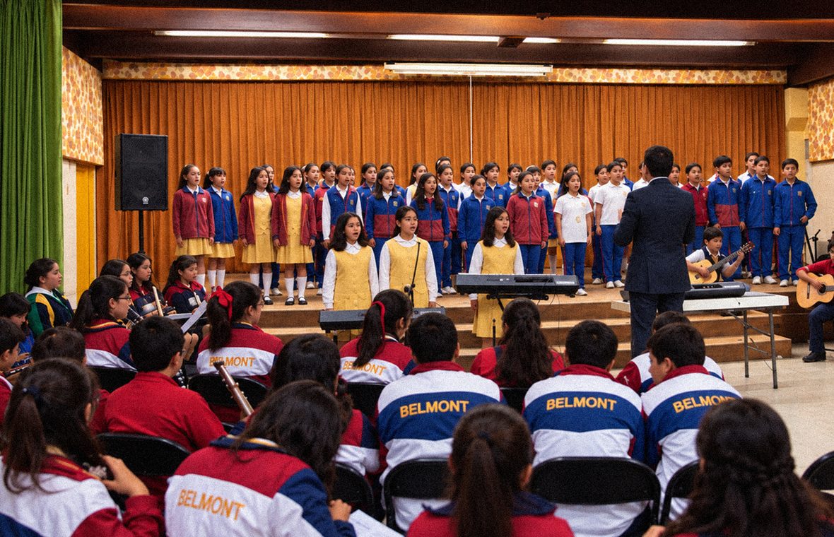 Coro de Belmont en un auditorio de madera, con público que viste sudaderas con el nombre de la escuela