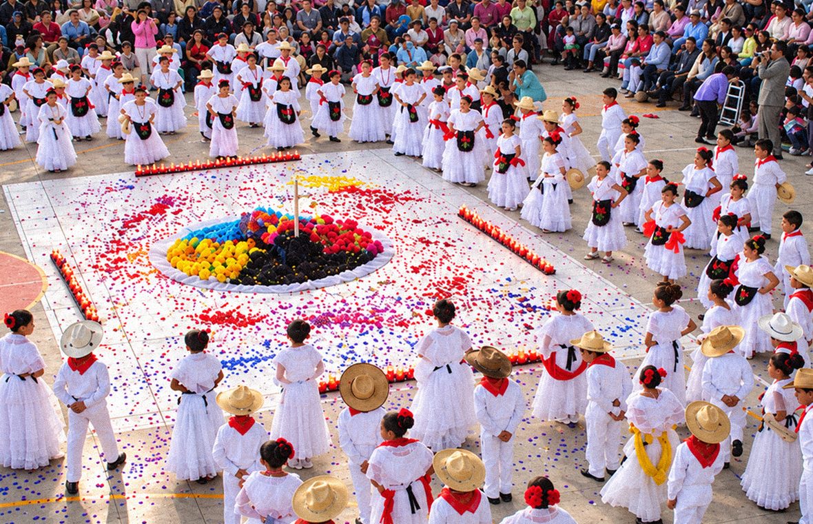 Alumnas de Belmont en blanco en una ofrenda de Día de Muertos con flores