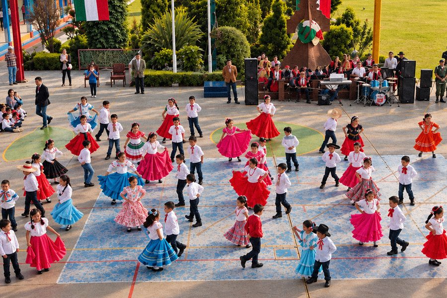 Danza folclórica en el patio de Belmont con alumnas de traje regio