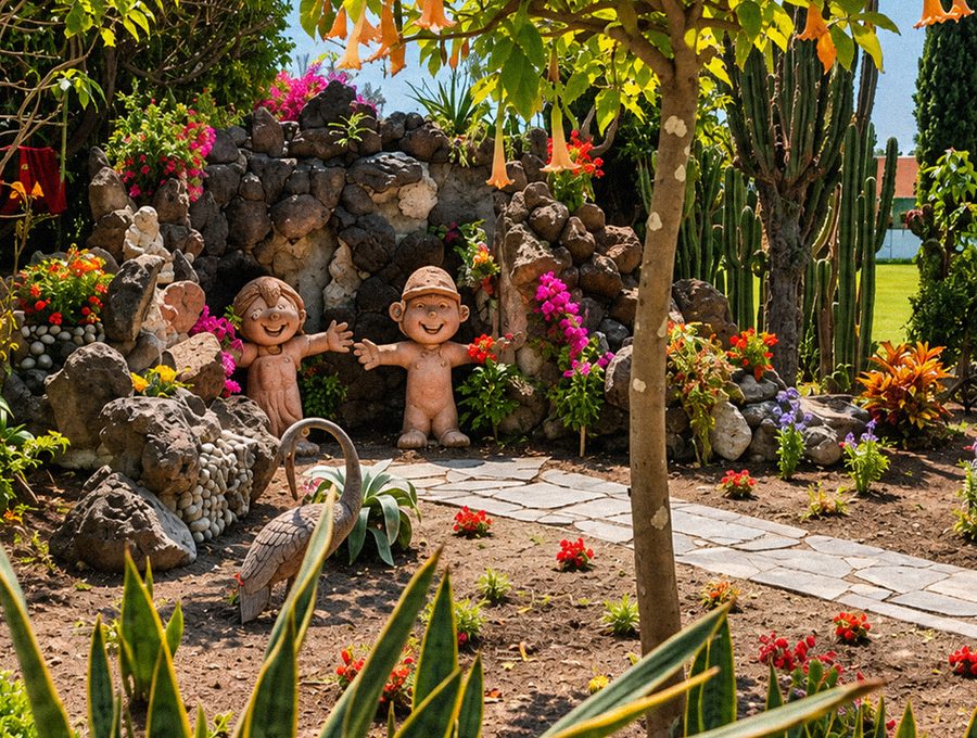Jardín ornamental de Belmont con plantas y figuras decorativas