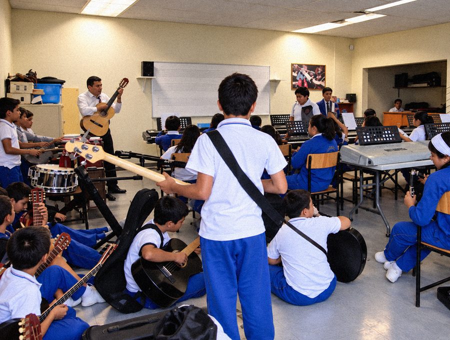 Ensamble de música con guitarras y percusión en la escuela